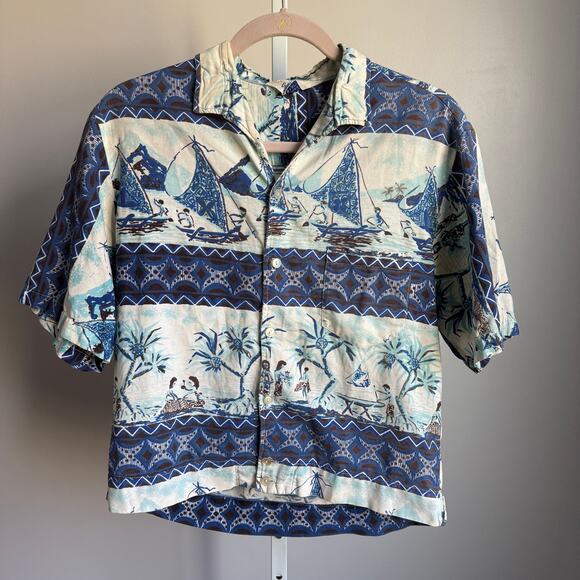 California Swimwear sz M blue tiki hula 100% cotton button-up‎ shirt - Picture 1 of 8
